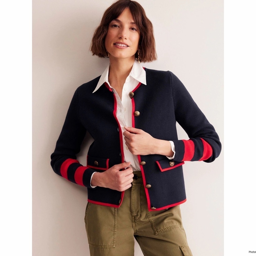 Boden Blue 100% Cotton Holly Knitted Cardigan Navy Red Knitted Size 16-18 NWT